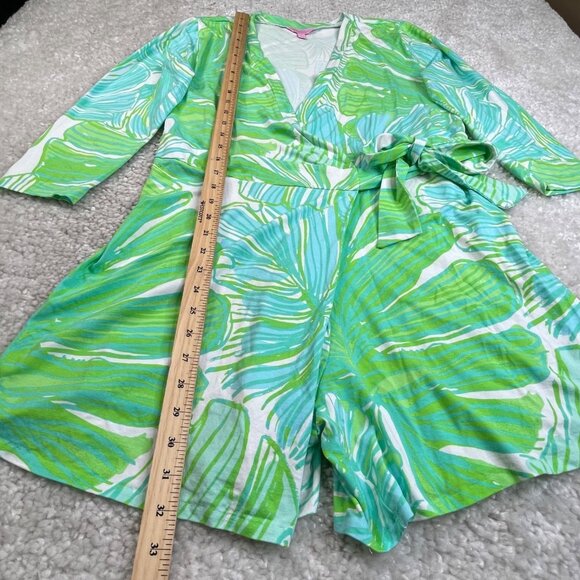 Lilly Pulitzer Karlie Wrap Romper Green Sheen Fronds - Picture 9 of 12